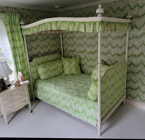 SISTER PARISH WHITE-PAINTED TWIN SIZE WOOD CANOPY DAYBED FRAME, AMERICAN, C. 1940s–1960s