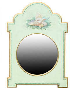 PARISH-HADLY MIRROR BY JOHN ROSSELLI: Classically Themed Painted Panel Frame, with tag verso giving an original price of $2,100 from Parish-Hadley.The partnership between Sister Parish, a pioneer in popularizing the country aesthetic amon