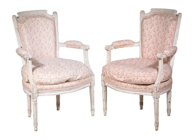 PAIR OF LOUIS XVI STYLE UPHOLSTERED ARMCHAIRS