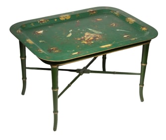 19TH C. CONTINENTAL CHINOISERIE TOLE PAINTED TRAY ON MODERN STAND