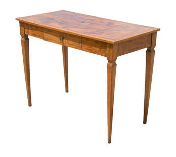 19TH C. ITALIAN INLAID PROVINCIAL DRESSING TABLE: Simple Rectangular Hardwood Table with overhanging geometric marquetry in exotic wood, (lacking central cartouche), single drawer, square tapered legs notched at skirt.From the estate of Brooke Astor