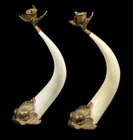 PAIR OF HAUY POUIGO BRASS MOUNTED DOLPHIN CANDLEHOLDERS