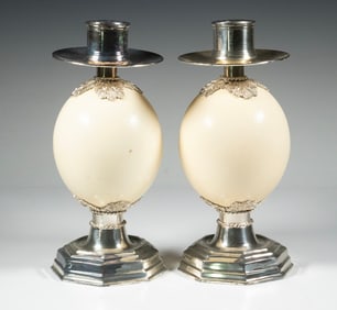 PR OSTRICH EGG AND METAL MOUNTED CANDLESTICKS