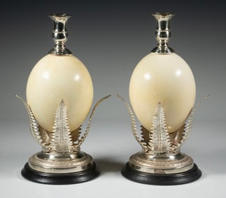 PR OSTRICH EGG CANDLESTICKS WITH FERN-FORM BASES