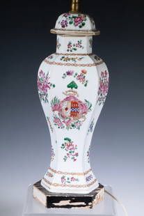 19TH CENTURY SAMSON DEPARIE FAMILLE ROSE ARMORIAL VASE LAMP: A hexagonal Chinese porcelain vase with domed cover, finely decorated in Famille rose enamels with floral sprays and an elaborate European coat of arms, made for export to the Western market. The piec