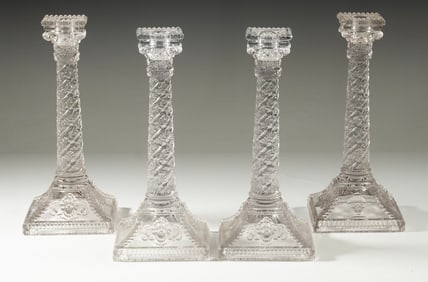 (4) SANDWICH GLASS COLUMN FORM CANDLESTICKS