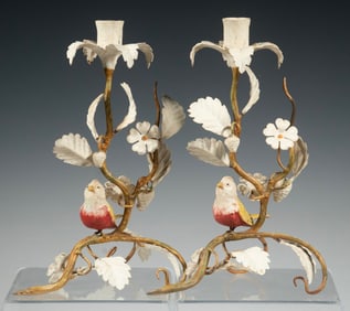 PR ITALIAN TOLE BIRD-FLORAL CANDLESTICKS FOR BONWIT TELLER