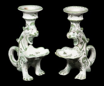 PR FRENCH FAIENCE DRAGON CANDLESTICKS