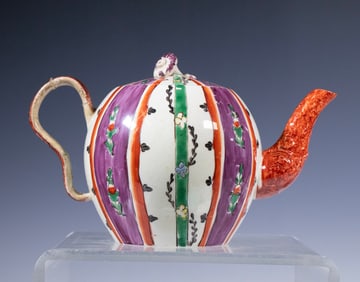 ANTIQUE ENGLISH CREAMWARE GLOBULAR MELON-FORM TEAPOT