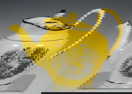 ENGLISH CANARY YELLOW TRANSFERWARE TEAPOT: Early 19th c. Yellow Ground Teapot, with front and back black transfer-printed decoration of children playing musical instruments, possibly by Sewell Pottery, Newcastle, unmarked. Spout chip; lid and
