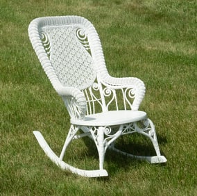LADIES FANCY WICKER ROCKER IN WHITE PAINT, CIRCA 1910