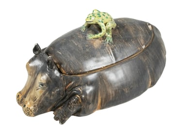 MID-CENTURY HAND-MADE HIPPOPOTAMUS TUREEN WITH FROG FINIAL, A.G., ITALY