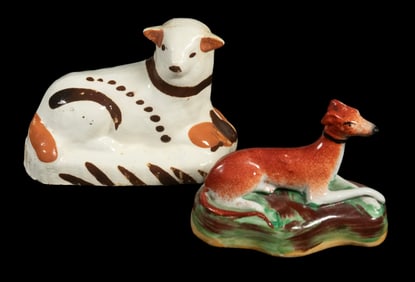 (2) EARLY ENGLISH POTTERY ANIMAL FIGURINES