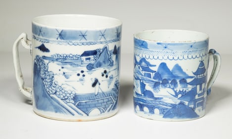 (2) CHINESE BLUE & WHITE CANTON MUGS