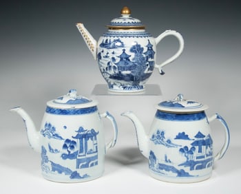 (3) CHINESE BLUE & WHITE PORCELAIN TEAPOTS