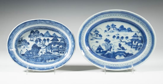 (2) CHINESE BLUE & WHITE CANTON OVAL DISHES