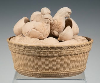 BISCUITWARE COVERED BOWL WITH HATCHING BIRDS