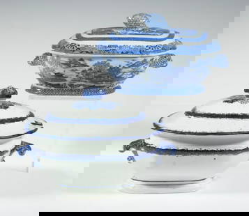 (2) BLUE & WHITE COVERED SAUCE TUREENS: Two 19th c. covered ceramic sauce tureens. One is a rectangular Spode &#8220;Stone China&#8221; tureen, printed in underglaze blue with chinoiserie landscape, molded handles, and a fruit finial, marke