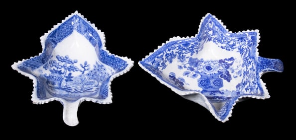 (2) ENGLISH BLUE & WHITE PEARLWARE PICKLE DISHES