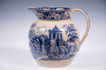 LARGE STAFFORDSHIRE BLUE & WHITE TRANSFERWARE PITCHER