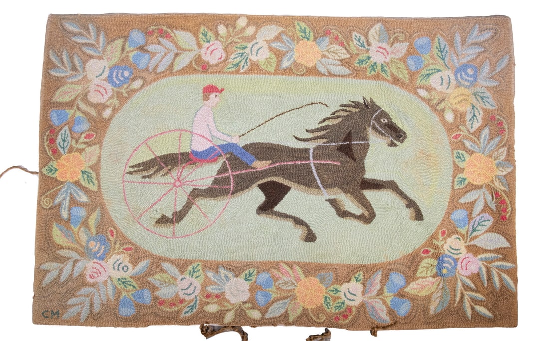 FOLK ART HOOKED RUG OF HARNESS RACER (1 of 3)
