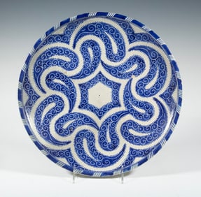 MOROCCAN HAND PAINTED BLUE AND WHITE POTTERY PLATE, SAFI STYLE
