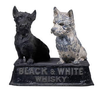 1930S BLACK & WHITE WHISKY SCOTTIE DOGS AD DISPLAY: Vintage Painted Spelter Metal Pub Advertising Display, for Buchanan's Black & White Scotch Whisky, featuring two Scottie dogs seated atop a plinth with raised lettering, with original registration mar