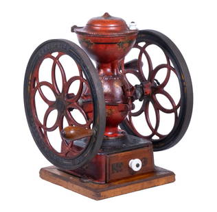ENTERPRISE #3 CAST IRON COFFEE GRINDER: All Original 19th c. Coffee Grinder, marked in raised letters on wheels "Enterprise Mfg. Co., Philadelphia, USA" & on grinder "Pat July 12, 98". Fine original paint, gold pinstriping with "No 3" on fr