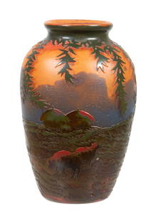 LUNEVILLE FRANCE MULLER FRERES CAMEO LANDSCAPE ARTGLASS VASE: Acid-etched and enameled multi-layer cameo glass vase depicting a shepherd and sheep in a forested landscape under a vibrant sunset sky. Signed "Muller Fr&#232;res" to the lower body; circa 1910. 6 x