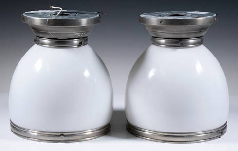 (6 PC) SET OF GLASS & METAL CEILING LIGHTS: (6) Contemporary Ceiling Mounted Light Fixtures, with milk glass globes fitted in brush nickel finished metal frames, single socket fixtures, UL listed.From the estate of Linda Bean. Each: 12 x 10 x 1