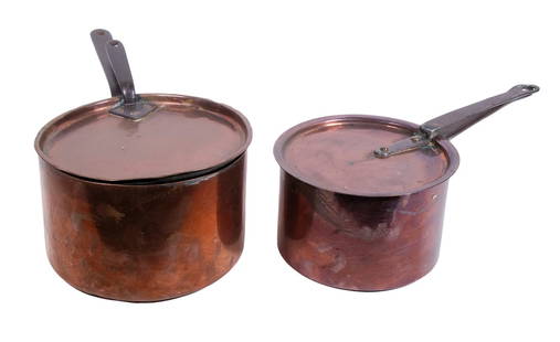 (2) FRENCH COPPER SAUCE PANS WITH LIDS: Lot of (2) 19th c. Pans, with dovetailed construction and copper riveted iron handles, with smaller lid stamped "F. Hagemann". Large: 7 x 18 x 9 1/2 in. (17.8 x 45.7 x 24.1 cm.) Small: 6 x 15 1/2 x 8