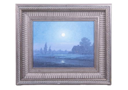 ALBERT W. MENCHANT (MAINE, 1881-1936) OIL ON BOARD, MOONLIT HOMESTEAD: A tranquil nocturne rendered in oil on board, depicting a rural homestead under a luminous full moon. Silhouetted trees, a darkened barn, and a subtle reflection across wet ground contribute to the sc