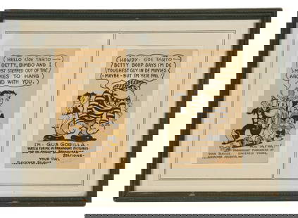(2) BETTY BOOP CARTOON CARDS TO MUSICIAN JOE TARTO, CIRCA 1935: (2 pcs) Cartoon Art in one frame, india ink on card, one with hand coloring, featuring Betty Boop with Friends and Gus Gorilla, personalized to Jazz Tubist Joe Tarto (1902-1986), from Fleischer Studio