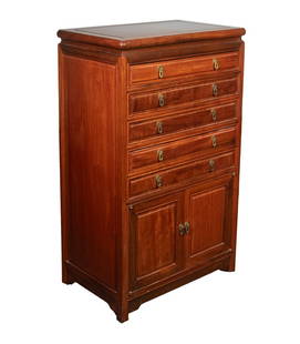 MODERN CHINESE STYLE COLLECTOR'S CABINET: Classic Qing Form in mahogany with molded top and drawer fronts, panel doors; having five shallow drawers with brass teardrop pulls and green felt lining, the two doors at bottom having spring button