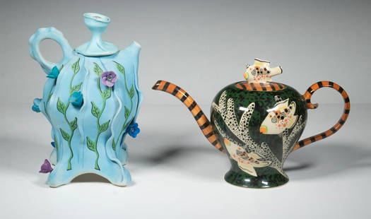 LAURA PEERY & CAROL VALK ART POTTERY TEAPOTS: Lot of (2) Fanciful Design Teapots, incl: Laura Peery's (NC/DC, 1952- ) handcrafted vessel, in blue colored porcelain clay with applied flowers, signed and dated 2000, 8 1/2" high, 6" x 5"; and Carol