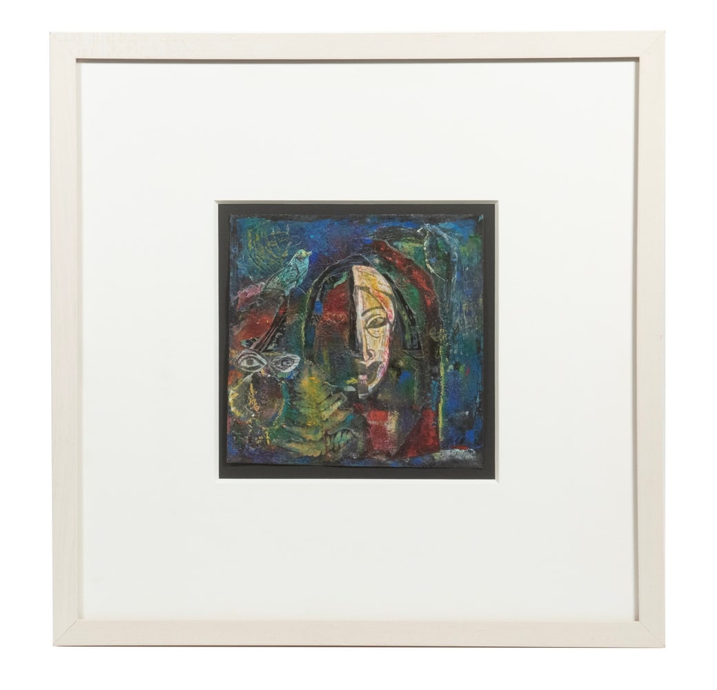 DAVID DRISKELL (GA, 1931-2020): "Ancient Dream", 2017, collage, mixed media on paper, signed lower right, titled and dated on Greenhut Galleries of Portland, Maine, in bleached maple box frame, matted under UV glass, gallery price: