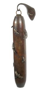 DALE LEAKEY (CANADA, CONTEMPORARY): "Temple II Bell", lost wax cast patinated bronze sculpture, artist monogram and "14" inscribed inside bracket, with affixed label dated 2015, from Canada House Gallery, cylindrical gong with applied d
