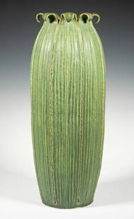 JONATHAN WHITE (S. PORTLAND, ME) ART POTTERY VASE: "Cut Leaf Vessel", glazed earthenware, signed and dated 2017 on the base, gallery price: $950.From the estate of Marilyn Coburn. 19 x 7 x 7 in. (48.3 x 17.8 x 17.8 cm.)