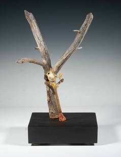 MIXED MEDIA SCULPTURE: "Seed Shaker", driftwood, metal, stone and ceramic sculpture, mounted on a laminated wooden base, inscribed "Hugh O'Dwyer" and dated 10/2009 to base underside.From the estate of Marilyn Coburn. 13 x 8