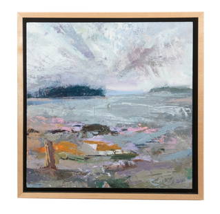 KATHI SMITH (CONTEMPORARY MAINE): "Emptied", oil on birch panel, unsigned on face, signed and titled verso, along with label from Greenhut Galleries of Portland, Maine, in maple slat shadowline frame, gallery price: $700.From the esta