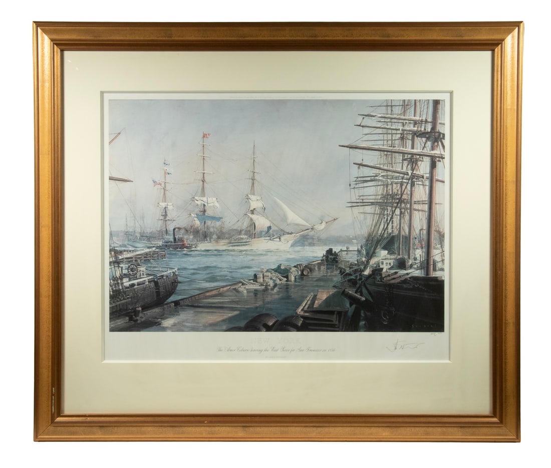 JOHN STOBART (MA/FL/UK, 1929-2028): New York; The Abner Coburn leaving the East River for San Francisco in 1886", color giclee print, pencil signed, marked AP 4/25; 750. In gold molded frame, acid-free mount under UV glass, gallery pric