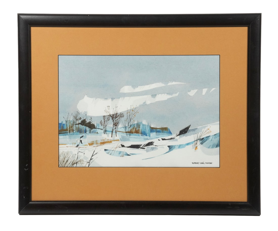 ROBERT ERIC MOORE (CONTEMPORARY WALDOBORO, MAINE): "Meadow Juniper in Winter", watercolor on paper, signed lower right, titled verso, in black box frame, matted under non-glare UV glass, gallery price: $200.From the estate of Marilyn Coburn. OS: 13 1/