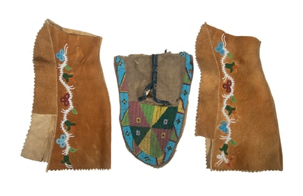 (3) NATIVE AMERICAN BEADED DEERSKIN FRAGMENTS