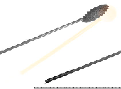TACKED BALL-HEADED CLUB: A wood and metal club bearing some resemblance to the ball-headed clubs used by the Plains Indian tribes. The club is 28" overall length with a 23" long shaft ending with a wrapped metal hand grip. Th