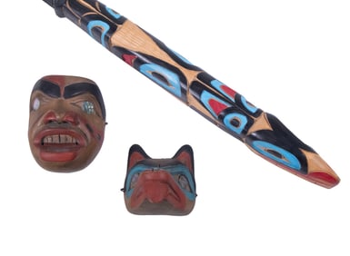 (2) SM INUIT MASKS BY LAVALLE PLUS RAIN STAFF