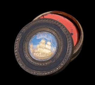 FRENCH ENAMEL AND BRASS SNUFF OR PATCH BOX WITH SHIP SCENE, MID-19TH CENTURY