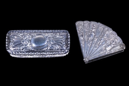 (2) VICTORIAN ENGLISH STERLING SNUFF BOX AND A CONTINENTAL RELIGIOUS FAN-FORM BOX