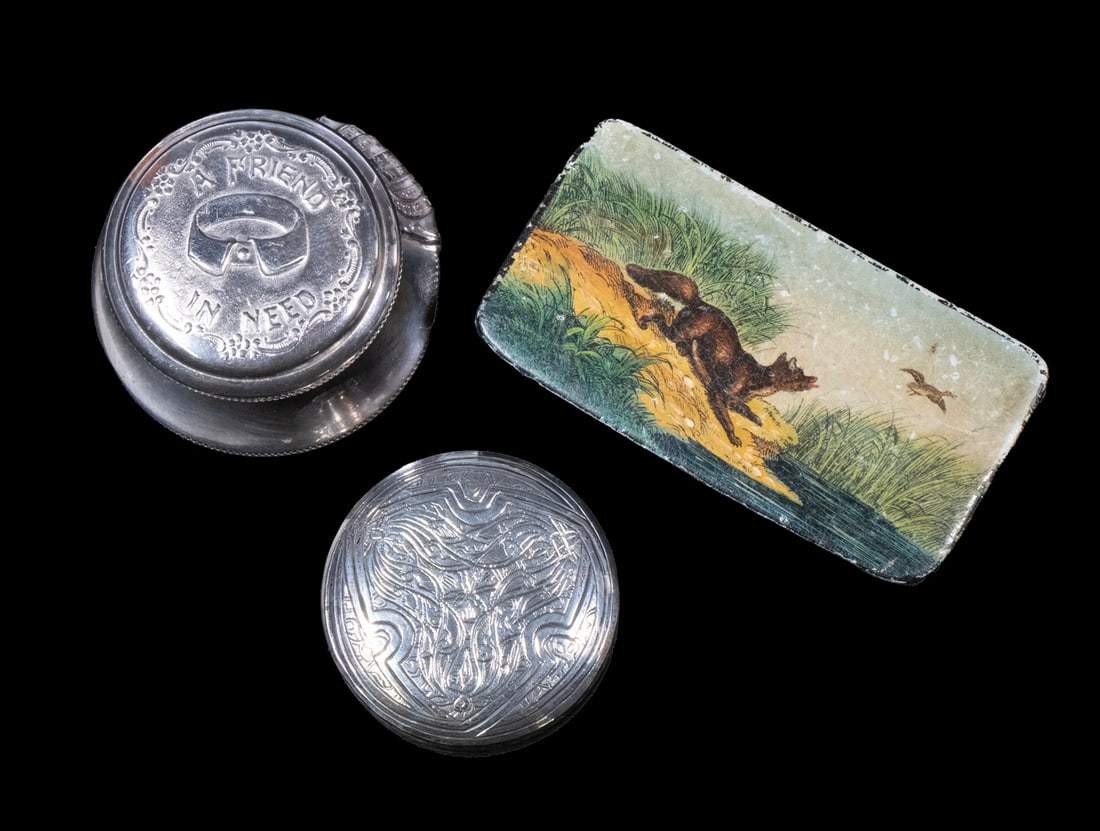 (3) VINTAGE DECORATIVE BOXES : SILVER, LACQUER, AND PLATED AMERICAN VANITY JAR: Comprising a hand-painted lacquer box featuring a fox in a marshy landscape, likely Continental, 19th century; a circular American vanity jar with molded glass body and silver-plated lid inscribed "A