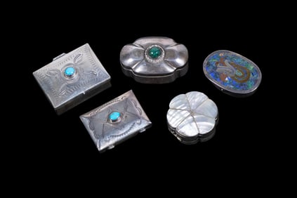 (5) SMALL SILVER BOXES, NATIVE AMERICAN AND MEXICAN, 20TH CENTURY