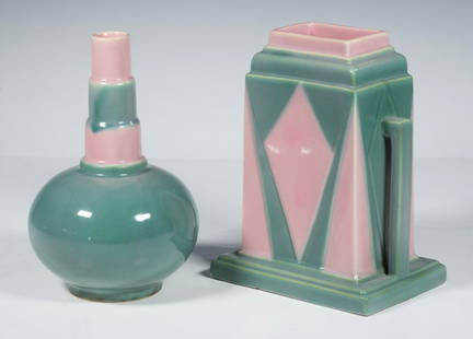 (2) ROSEVILLE: (2) Vintage Art Deco Design Pottery Vessels, "Futura" pattern by Ohio maker Roseville, in green and pink, incl: Jukebox form vase with side handles, and Bottle form vase. Jukebox vase: 8 1/2 x 6 1/4 x